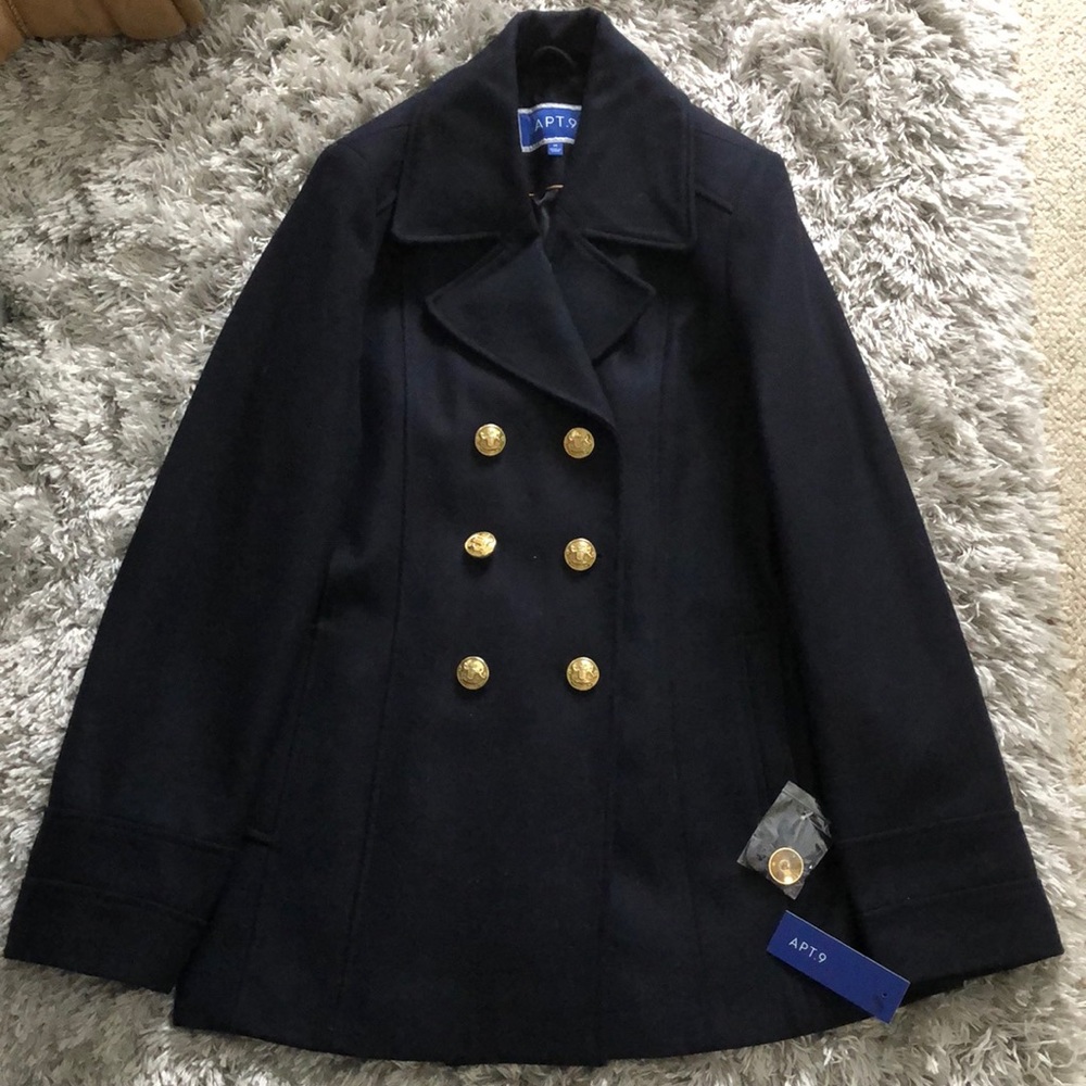 NWT Apt. 9 Ladies Navy Wool Blend Sailor Pea Coat